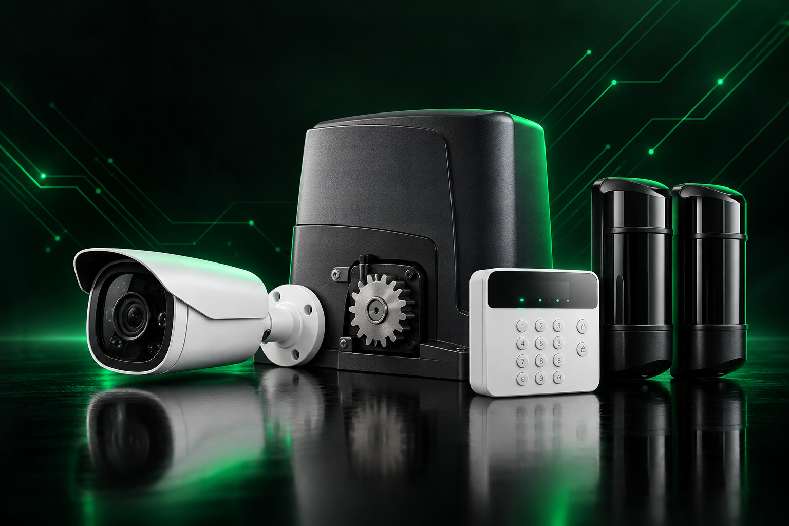 Illustration of a CCTV camera, gate motor, alarm keypad and outdoor beams